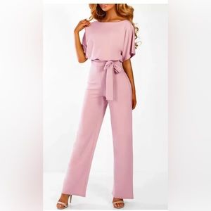 Jumpsuit Short Sleeve Long Pants Belt Elegant Work Rompers Pink